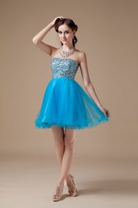 Pretty Strapless Organza Teal Prom Dresses for Cheap in Mini-length
